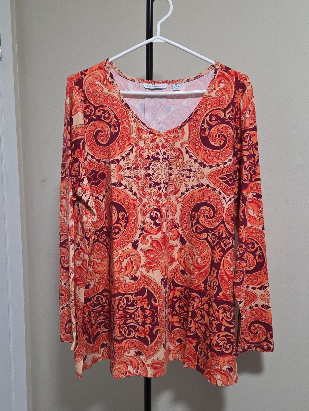 Isaac Mizrahi Orange and Cream Paisley Long Sleeve Tee